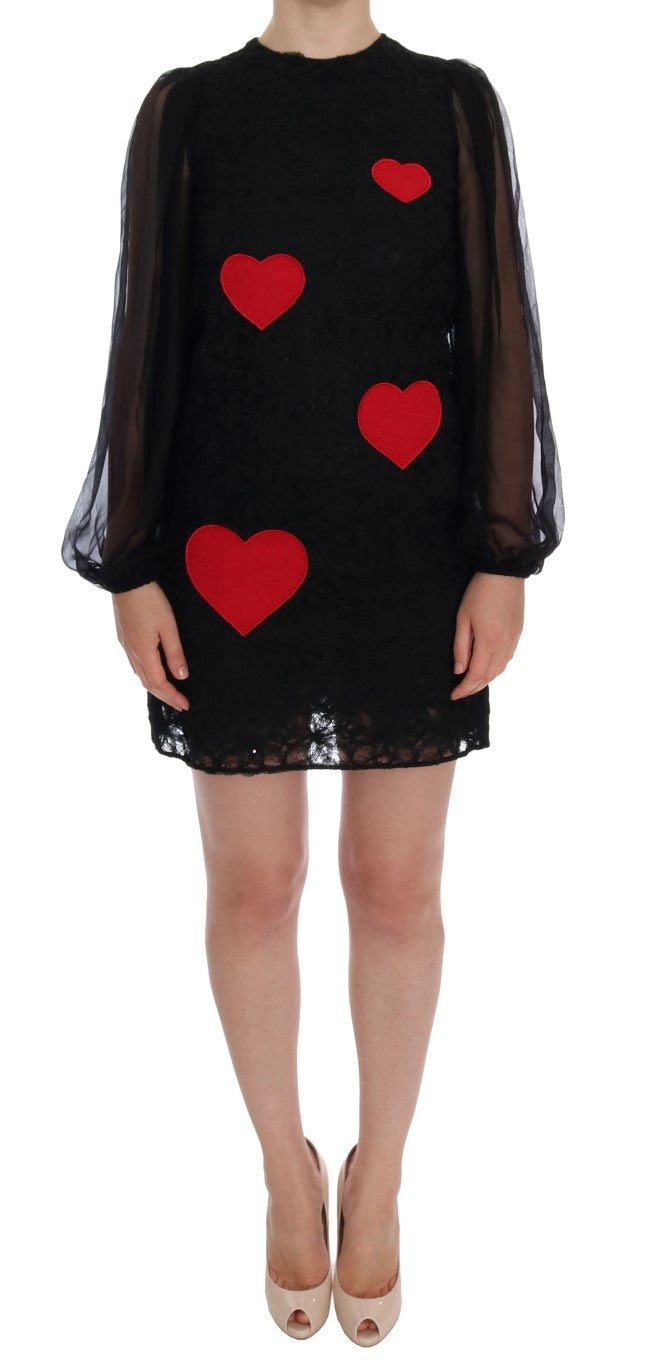 Dolce &amp; Gabbana Black Lace Red Heart Shift Dress women’s dress
