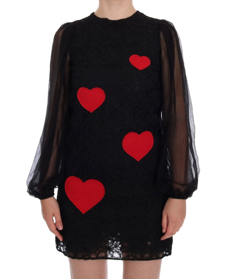Dolce &amp; Gabbana Black Lace Red Heart Shift Dress women’s dress