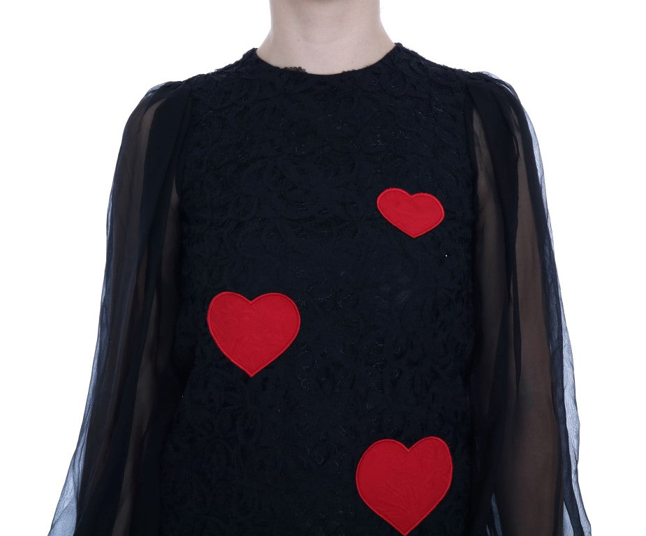Dolce &amp; Gabbana Black Lace Red Heart Shift Dress women’s dress