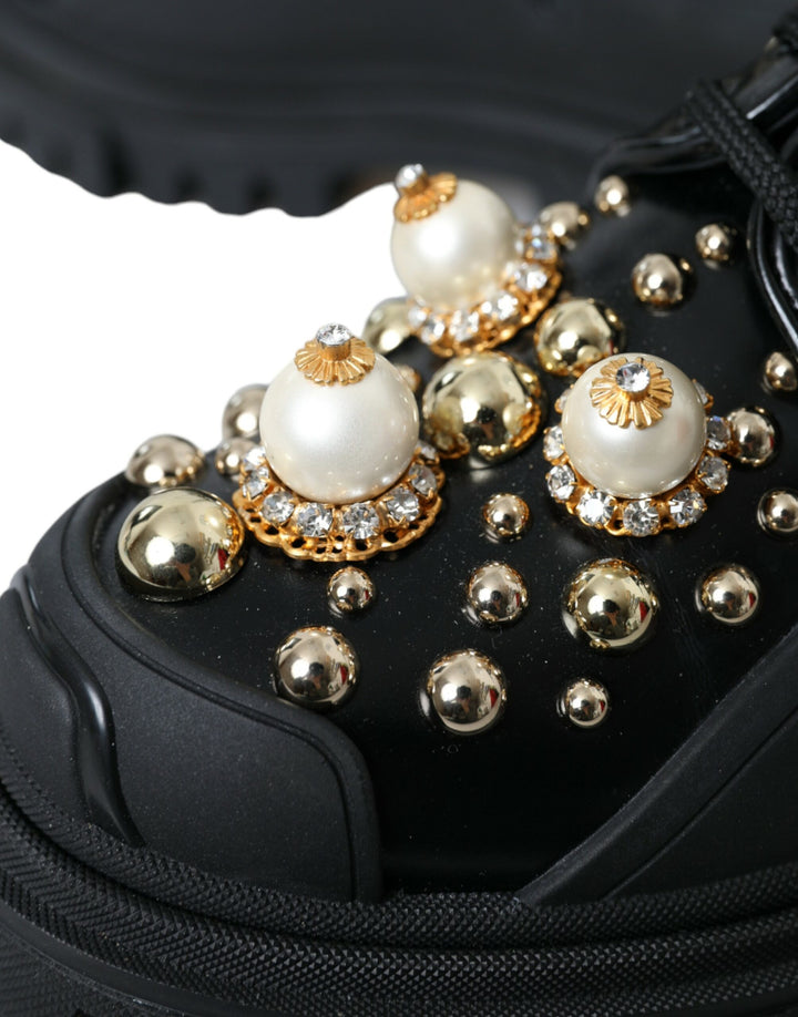 Dolce &amp; Gabbana Black Leather Trekking Derby Embellished Shoes
