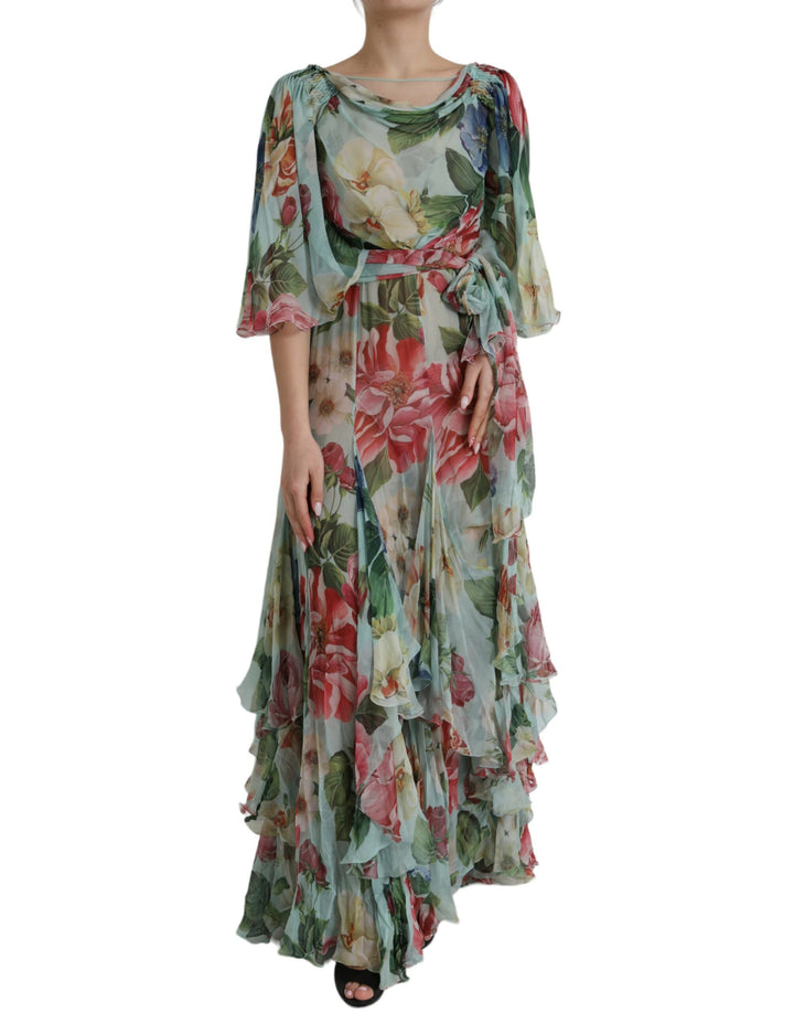 Dolce &amp; Gabbana Blue Floral Print Tiered Long Maxi Dress