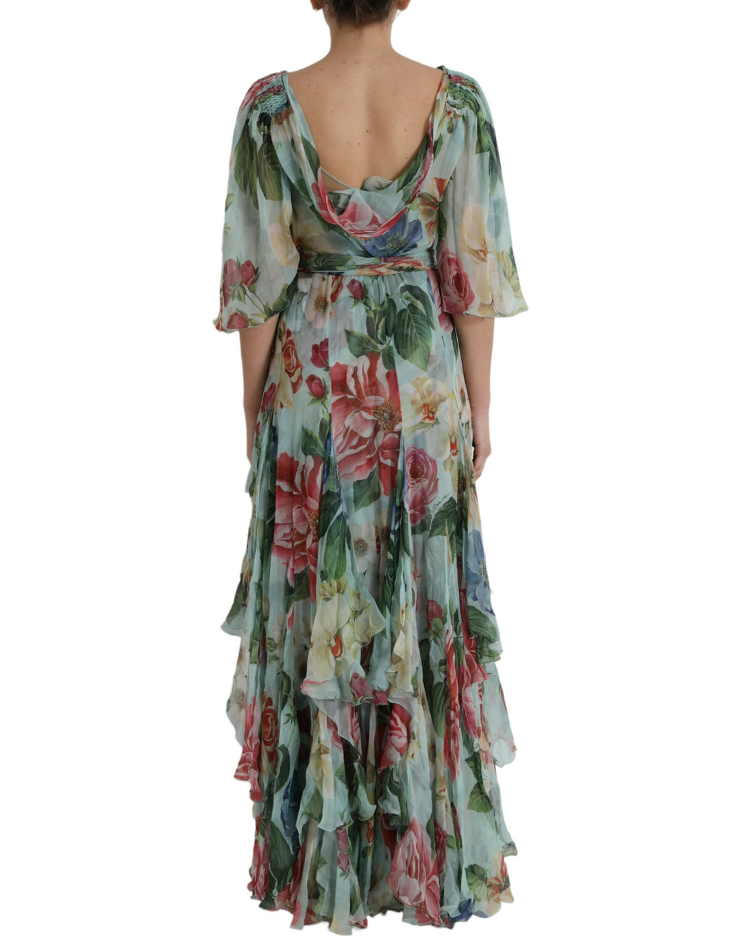 Dolce &amp; Gabbana Blue Floral Print Tiered Long Maxi Dress