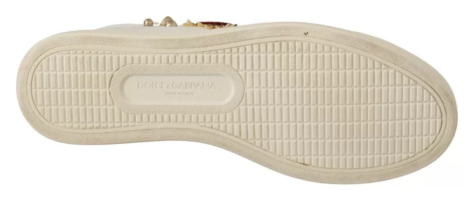 Dolce &amp; Gabbana White Leather Gold Red Heart Sneakers Shoes