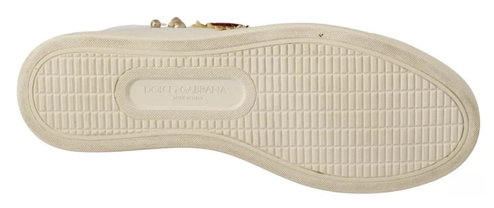 Dolce &amp; Gabbana White Leather Gold Red Heart Sneakers Shoes