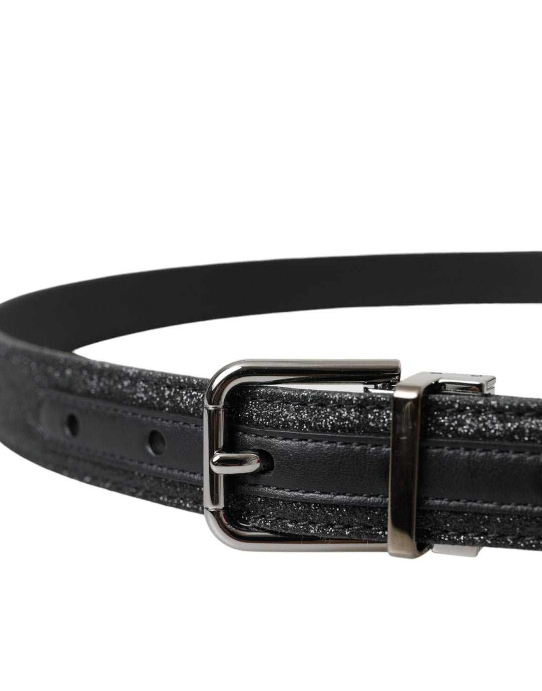 Dolce &amp; Gabbana Black Glittered Leather Silver Buckle Belt