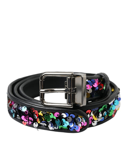 Ceinture Dolce &amp; Gabbana noire à paillettes et boucle en métal argenté pour femme