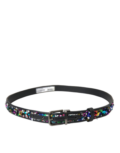 Ceinture Dolce &amp; Gabbana noire à paillettes et boucle en métal argenté pour femme