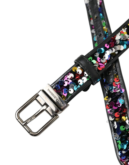 Ceinture Dolce &amp; Gabbana noire à paillettes et boucle en métal argenté pour femme