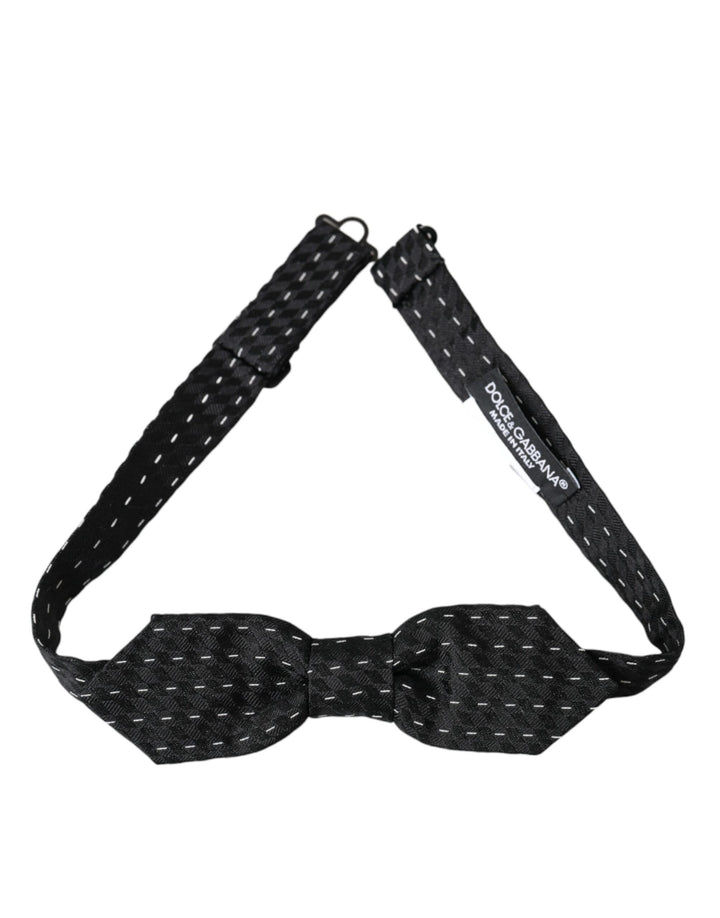 Dolce &amp; Gabbana Dark Gray White Stitched Silk Men Neck Bow Tie