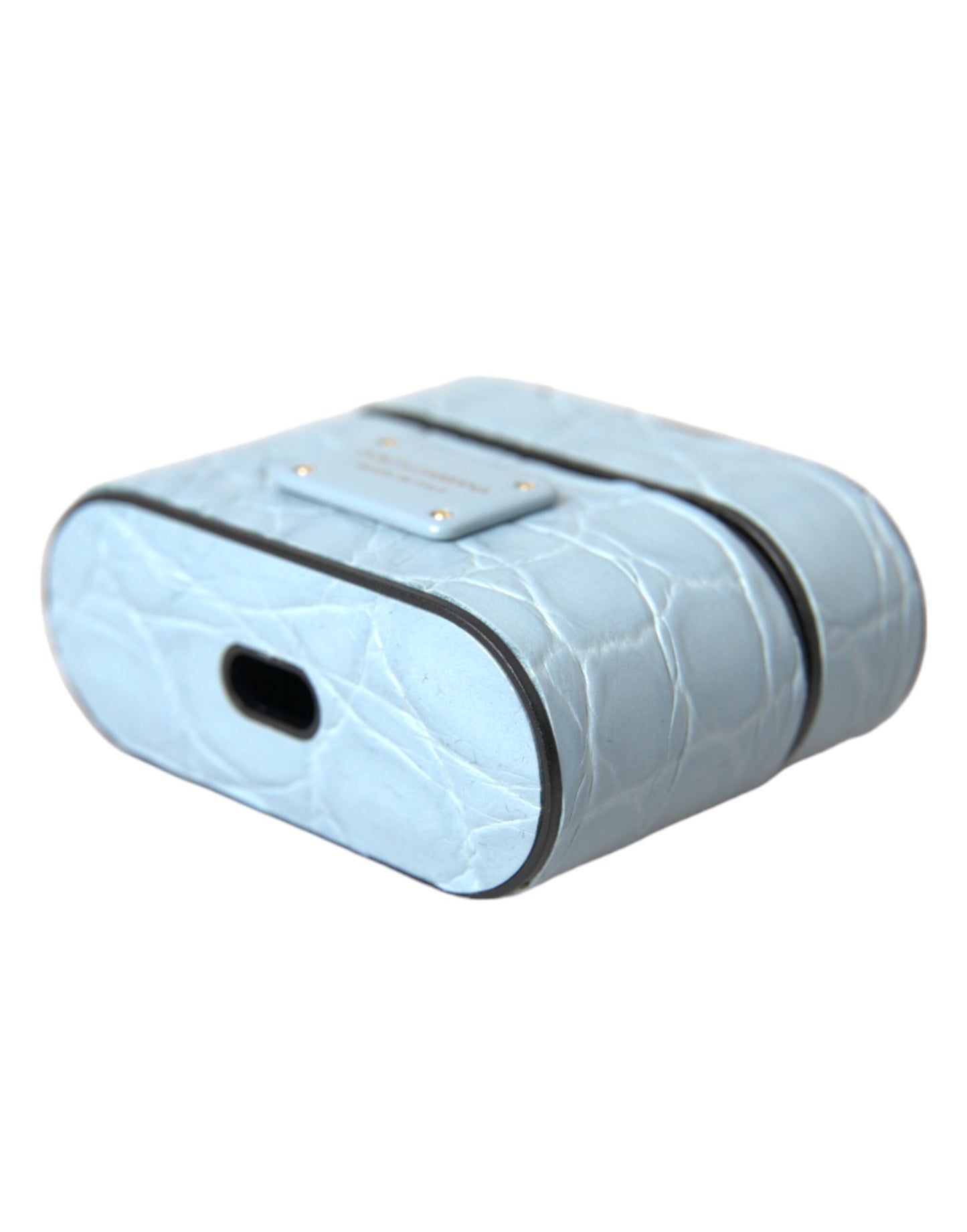 Étui pour Airpods Dolce &amp; Gabbana en cuir bleu clair avec logo en métal