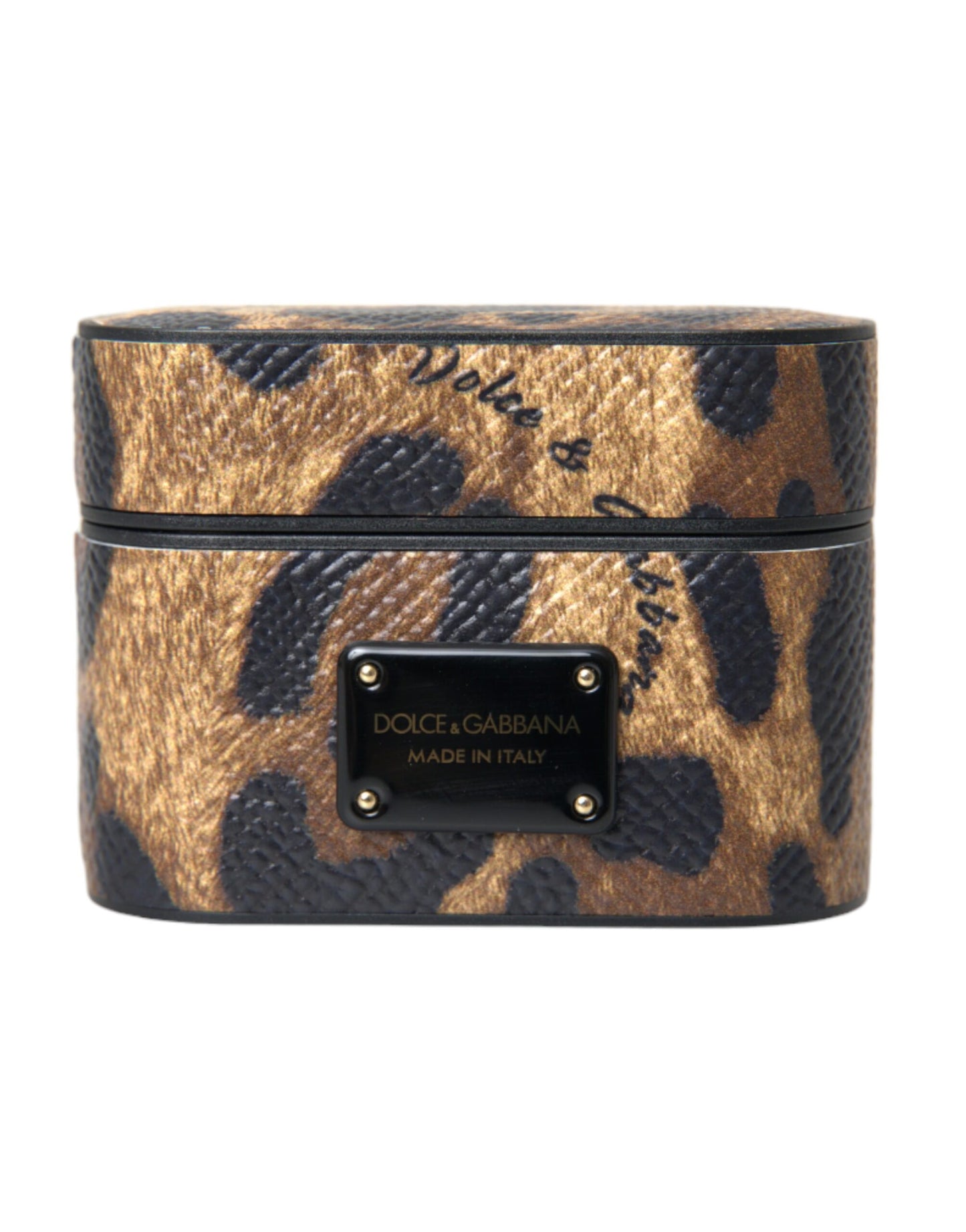 Estuche para AirPods Dolce &amp; Gabbana de piel de becerro con estampado de leopardo marrón y placa metálica con el logotipo