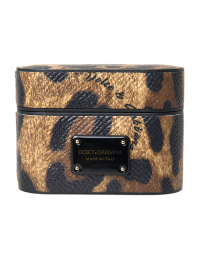 Estuche para AirPods Dolce &amp; Gabbana de piel de becerro con estampado de leopardo marrón y placa metálica con el logotipo