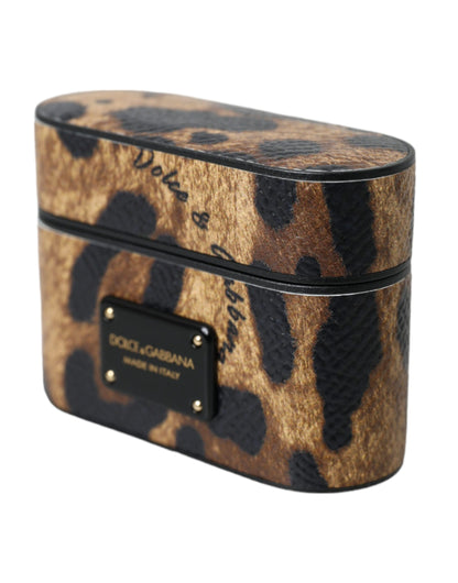 Estuche para AirPods Dolce &amp; Gabbana de piel de becerro con estampado de leopardo marrón y placa metálica con el logotipo