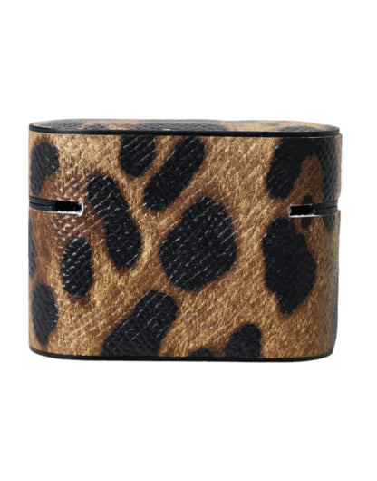 Estuche para AirPods Dolce &amp; Gabbana de piel de becerro con estampado de leopardo marrón y placa metálica con el logotipo