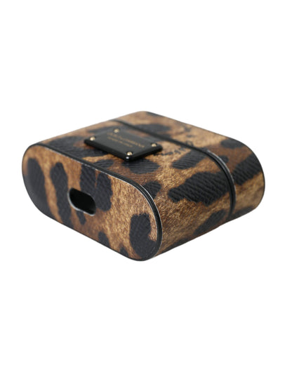 Estuche para AirPods Dolce &amp; Gabbana de piel de becerro con estampado de leopardo marrón y placa metálica con el logotipo