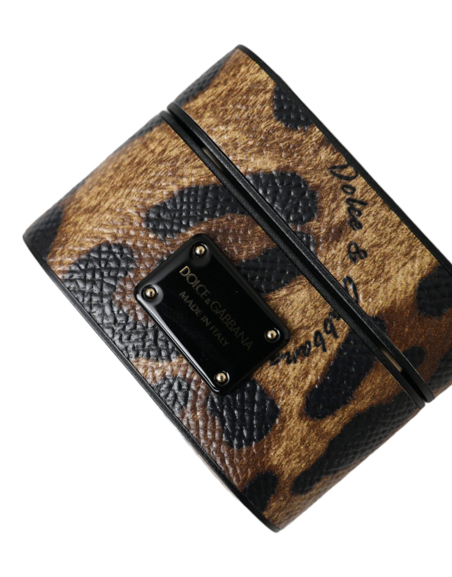 Estuche para AirPods Dolce &amp; Gabbana de piel de becerro con estampado de leopardo marrón y placa metálica con el logotipo