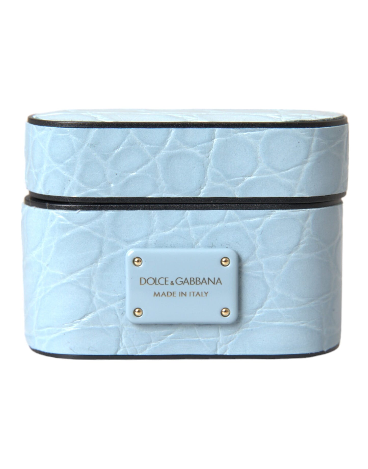 Estuche para AirPods de Dolce &amp; Gabbana de cuero azul claro con placa metálica del logotipo