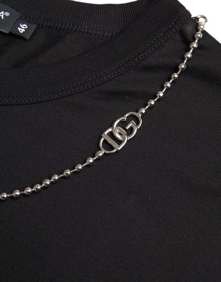 Dolce &amp; Gabbana Black Cotton Silver Chain Short Sleeve T-shirt