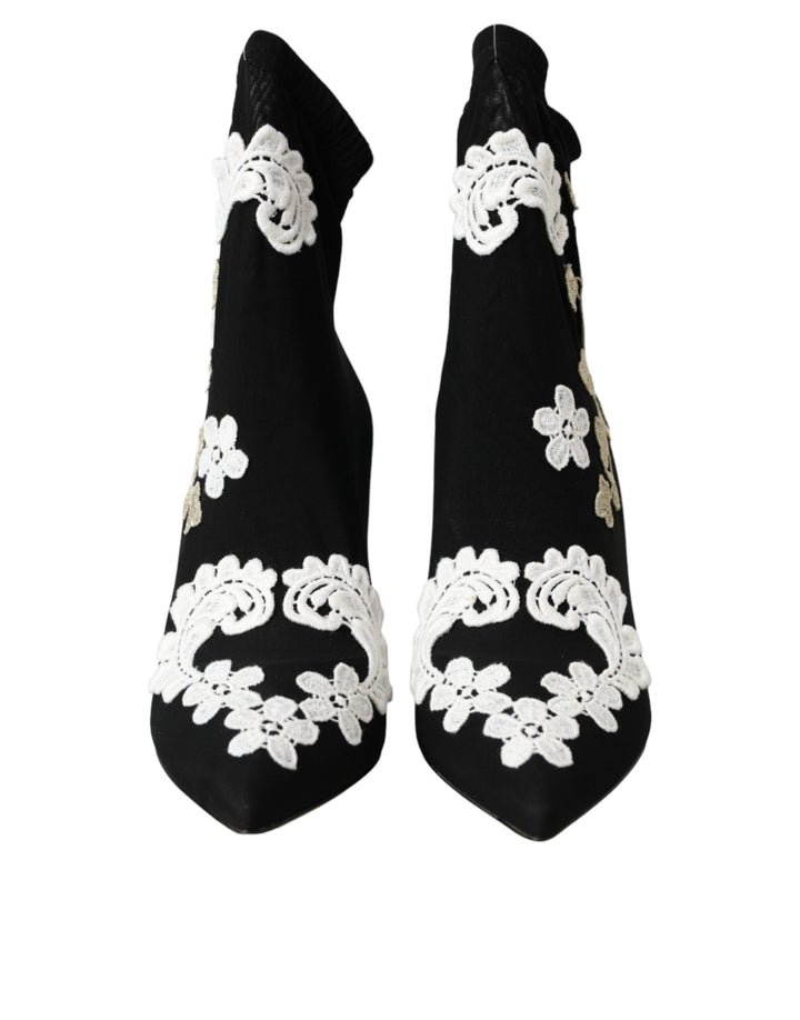 Bottines à enfiler Dolce &amp;amp; Gabbana noires et blanches brodées