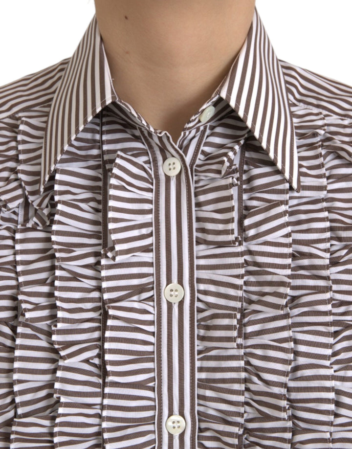 Dolce &amp; Gabbana Haut à manches longues et col à volants en coton à rayures blanches