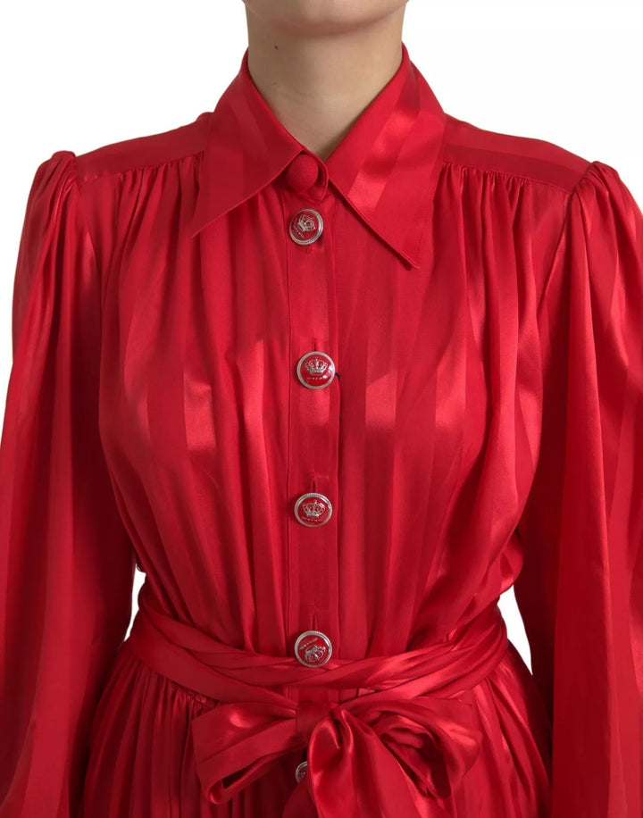 Dolce &amp; Gabbana Red Button Down Belted Midi Satin Silk Dress