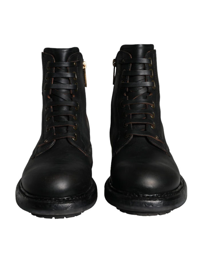 Dolce &amp; Gabbana Black Lace Up Mid Calf Boots Men Shoes