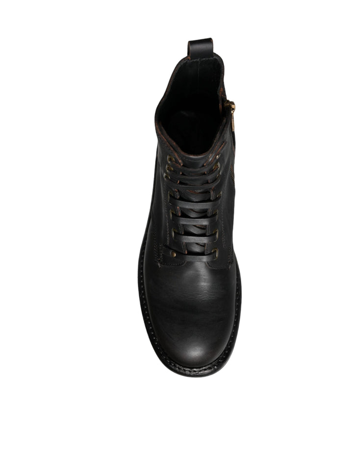 Dolce &amp; Gabbana Black Lace Up Mid Calf Boots Men Shoes