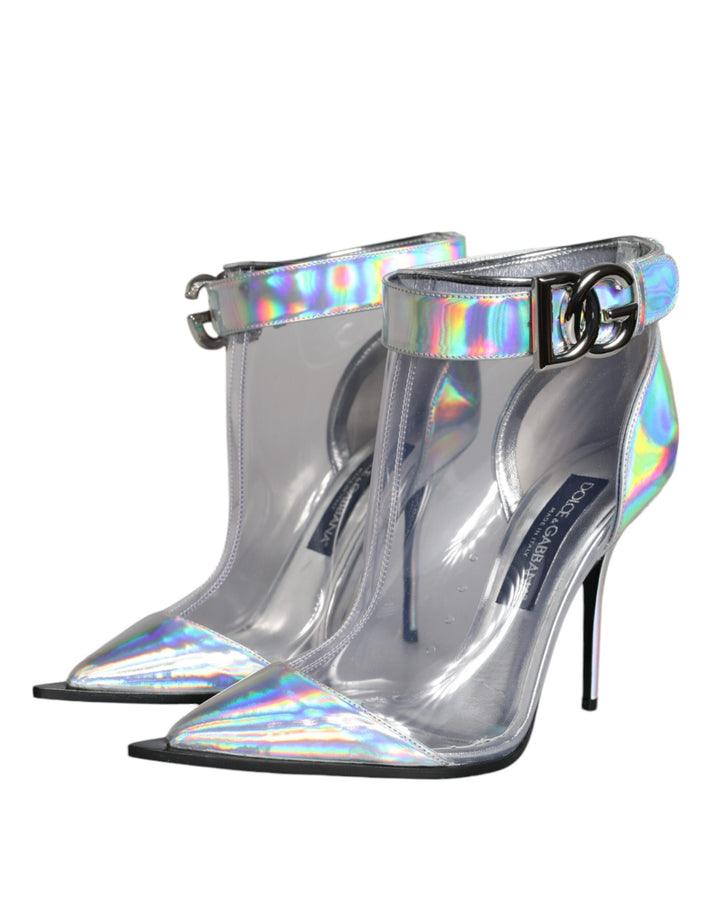 Dolce &amp; Gabbana Silver Iridescent PVC Pointed Short Boots Shoes