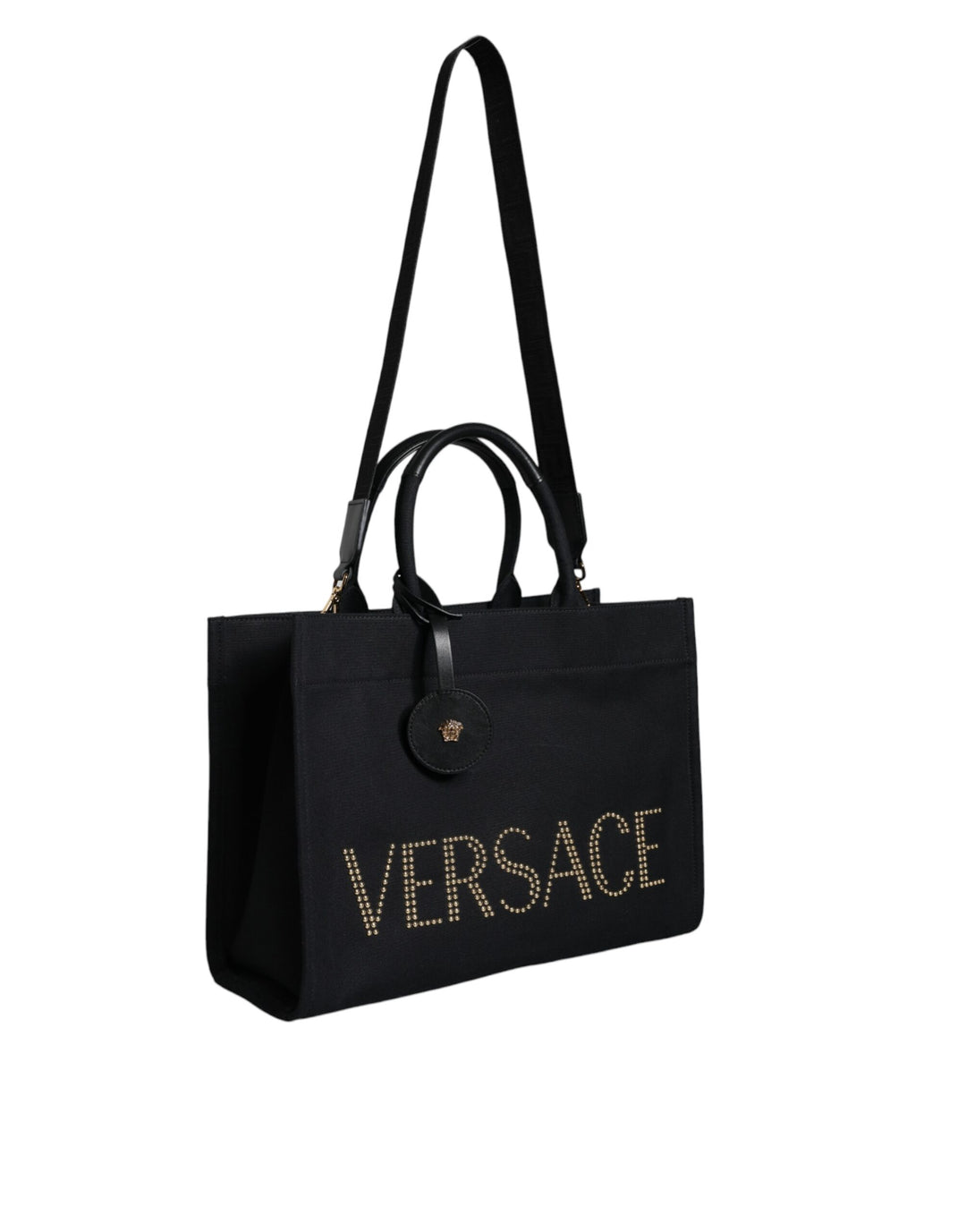 Bolso tote cruzado Versace de lona y cuero con asa superior en color negro y logotipo