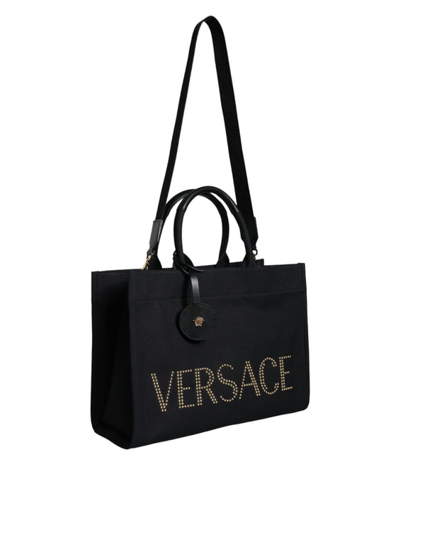 Versace - Black Top Handle Canvas Leather Logo Crossbody Tote Bag