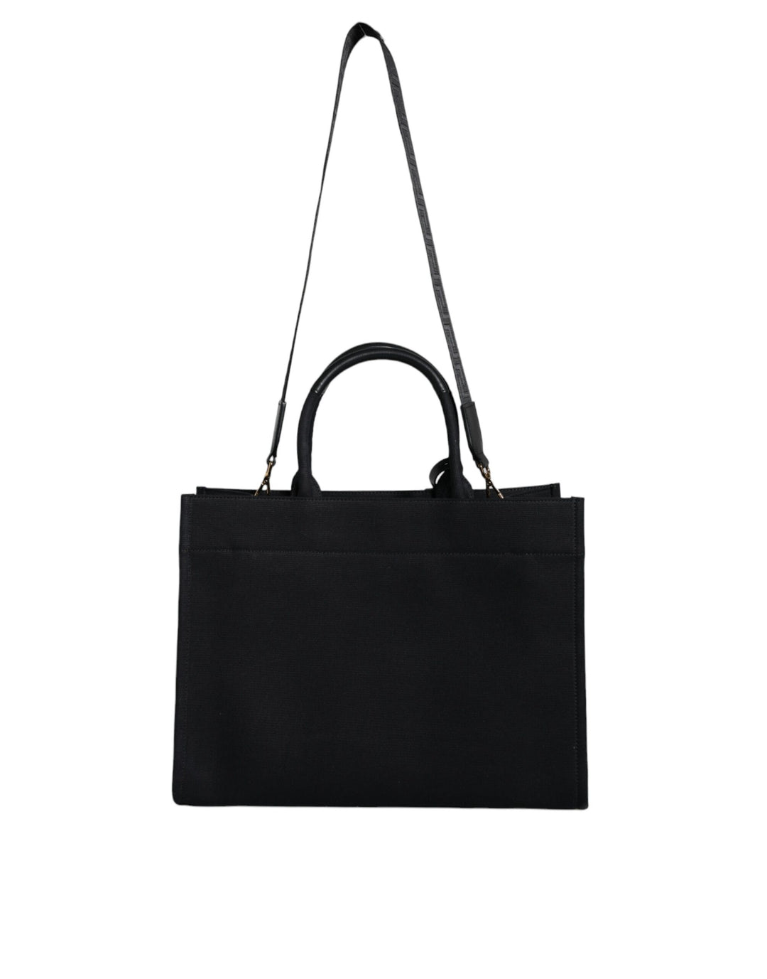 Bolso tote cruzado Versace de lona y cuero con asa superior en color negro y logotipo