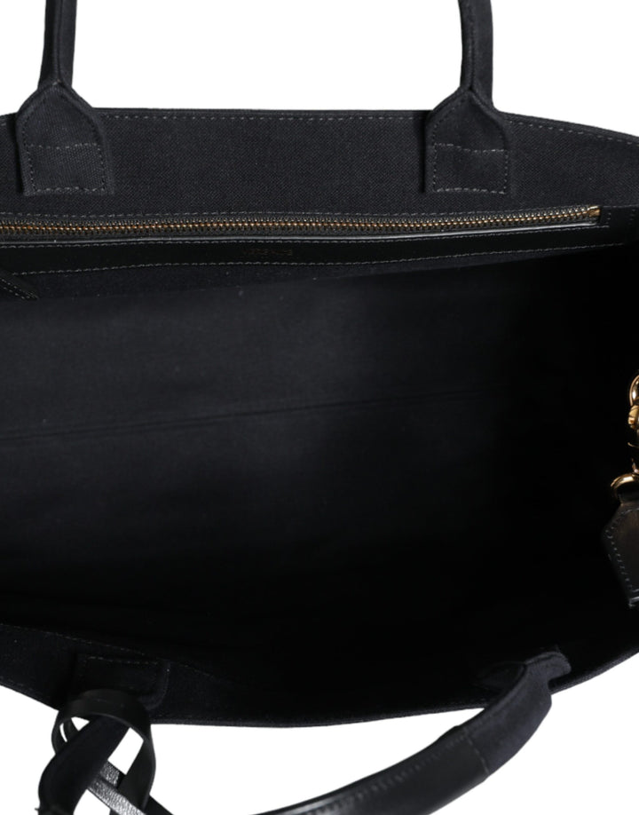Bolso tote cruzado Versace de lona y cuero con asa superior en color negro y logotipo
