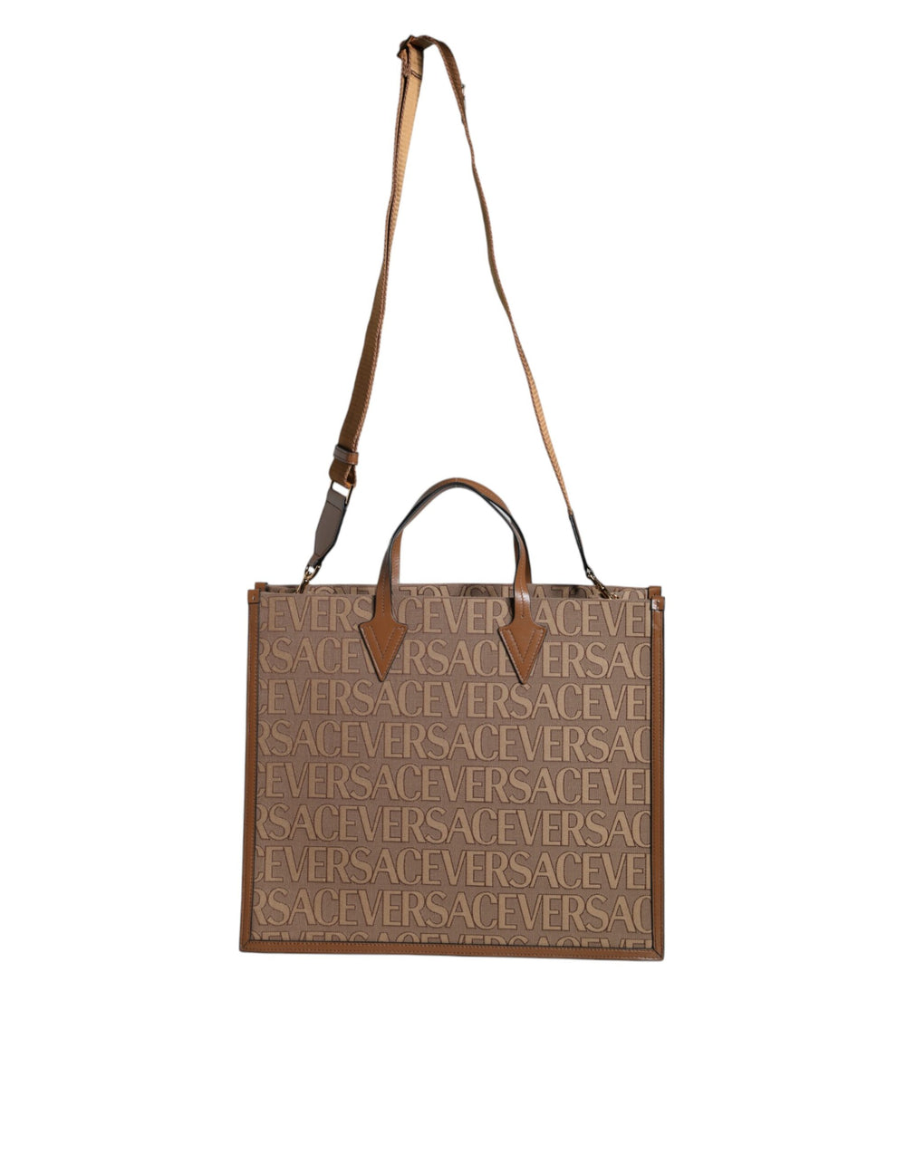 Versace - Brown Top Handle Jacquard Leather Logo Crossbody Tote Bag