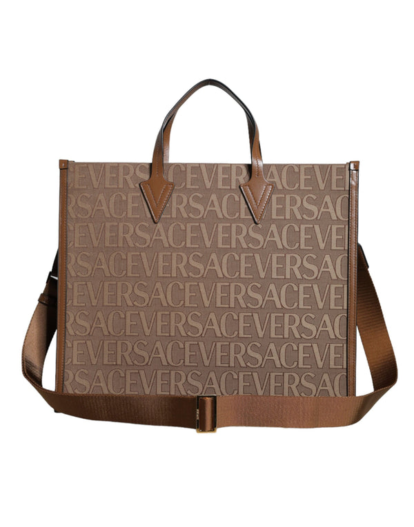 Versace - Brown Top Handle Jacquard Leather Logo Crossbody Tote Bag