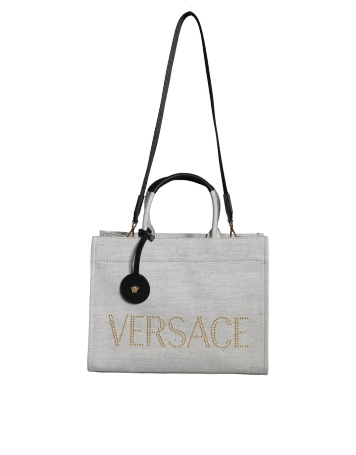 Bolso tote Versace blanco con asa superior de lona y cuero con logotipo
