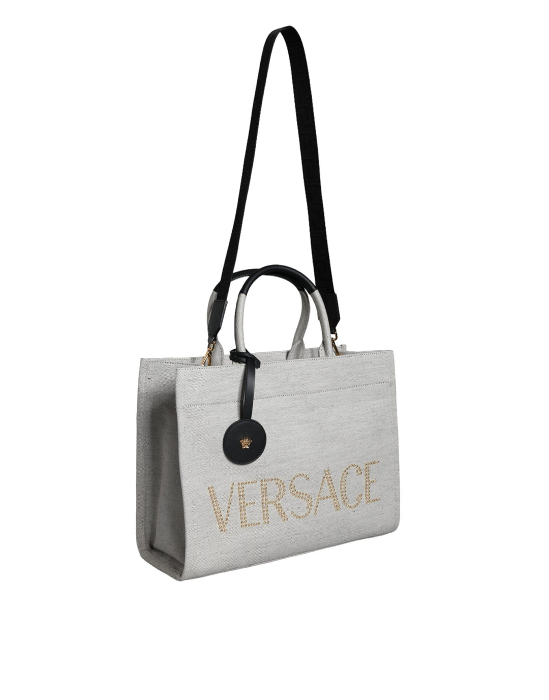 Bolso tote Versace blanco con asa superior de lona y cuero con logotipo