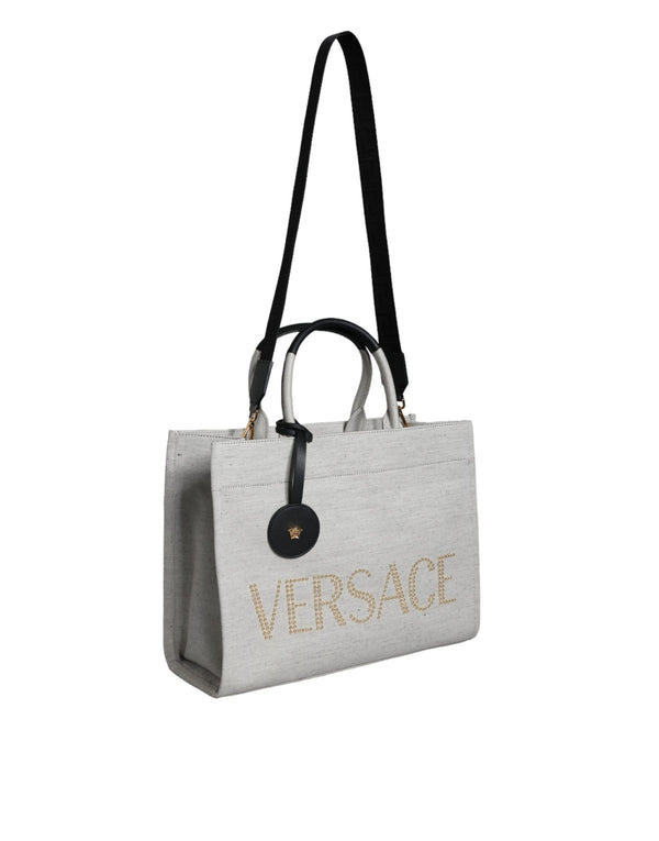 Versace - White Top Handle Canvas Leather Logo Crossbody Tote Bag