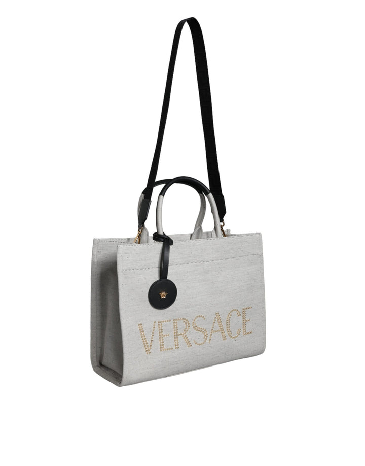 Bolso tote Versace blanco con asa superior de lona y cuero con logotipo