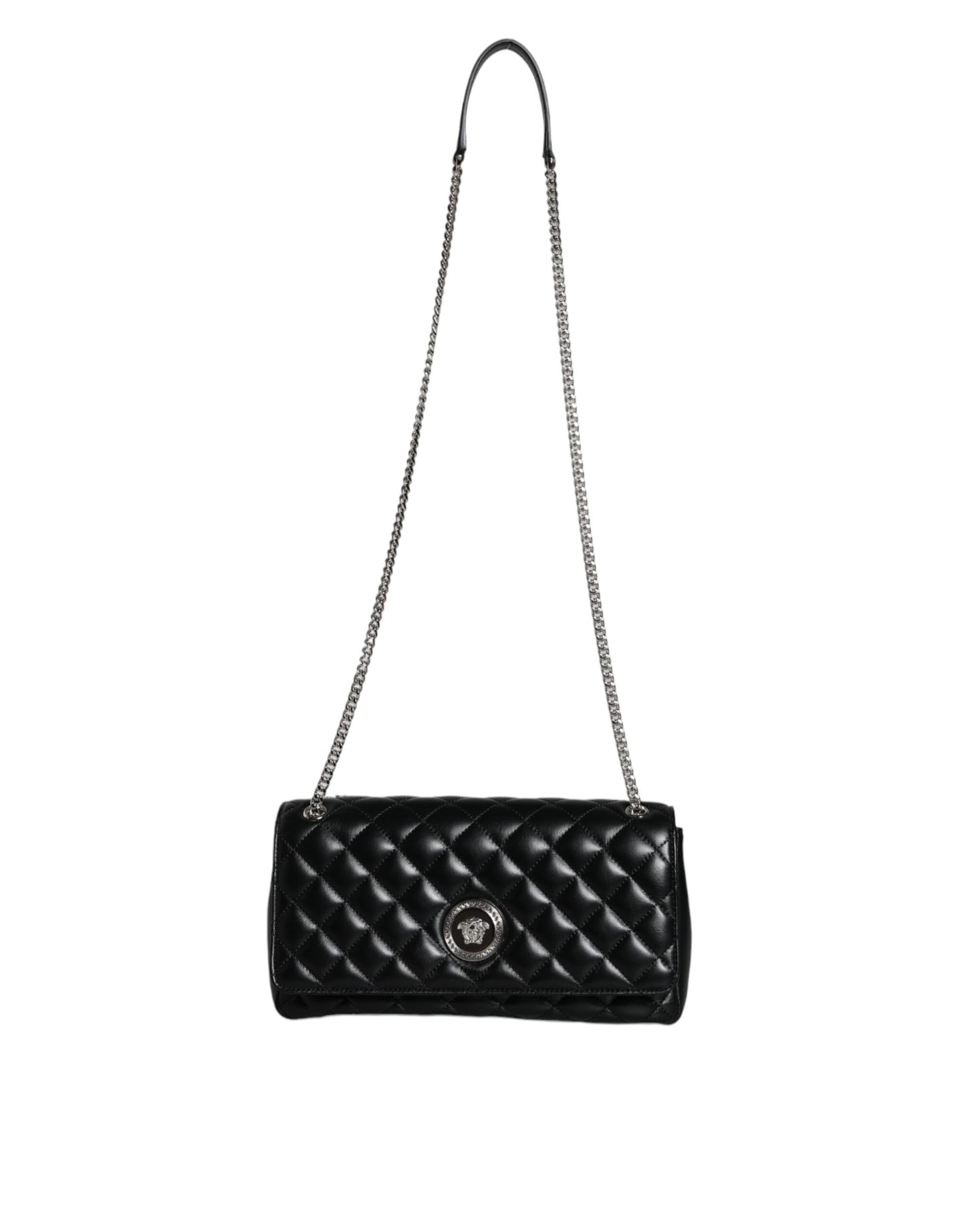 Bolso bandolera Versace de piel de cordero acolchada negra