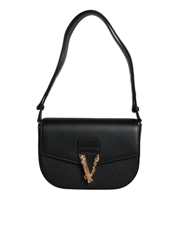Versace - Black Grainy Calf Leather Logo Crossbody Shoulder Bag