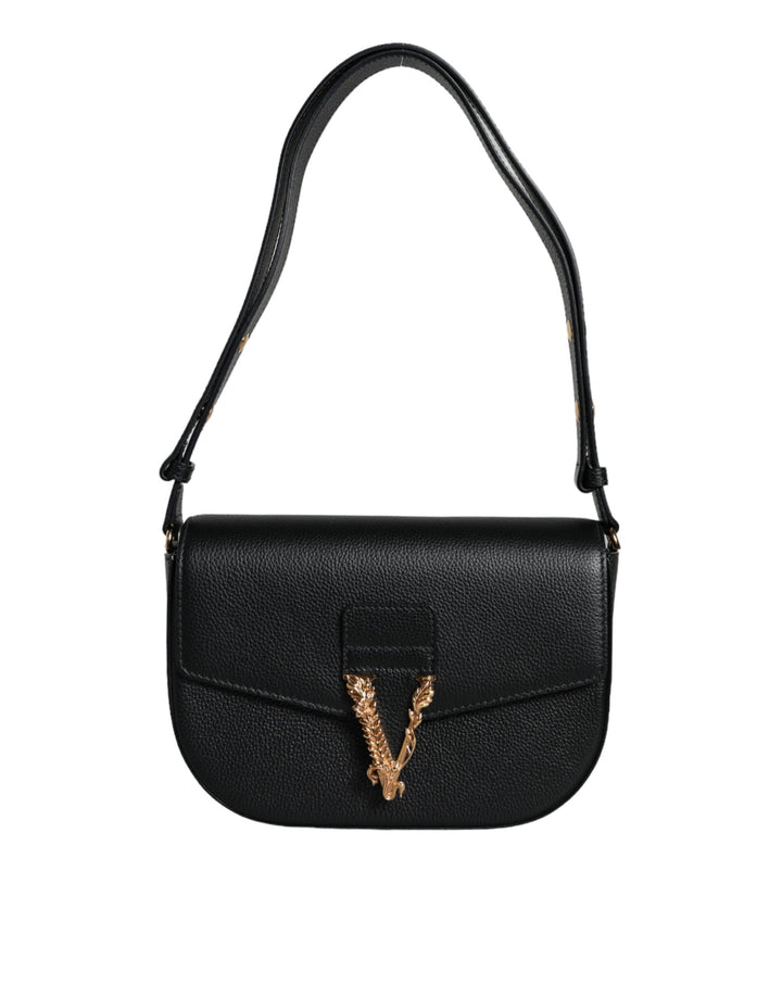 Bolso bandolera Versace de piel de becerro granulada negra con logotipo