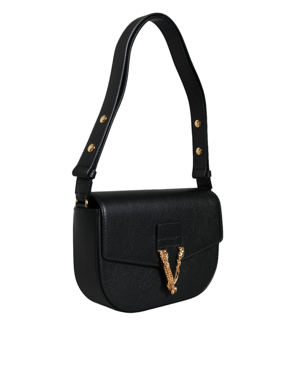 Versace - Black Grainy Calf Leather Logo Crossbody Shoulder Bag