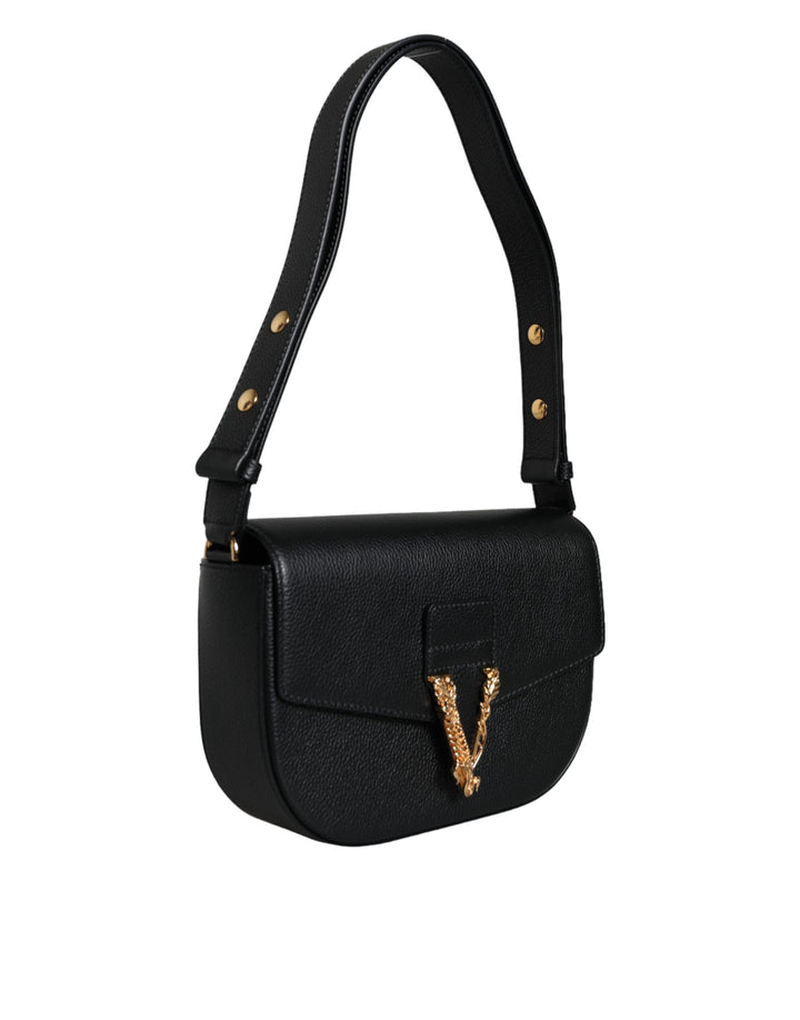 Bolso bandolera Versace de piel de becerro granulada negra con logotipo