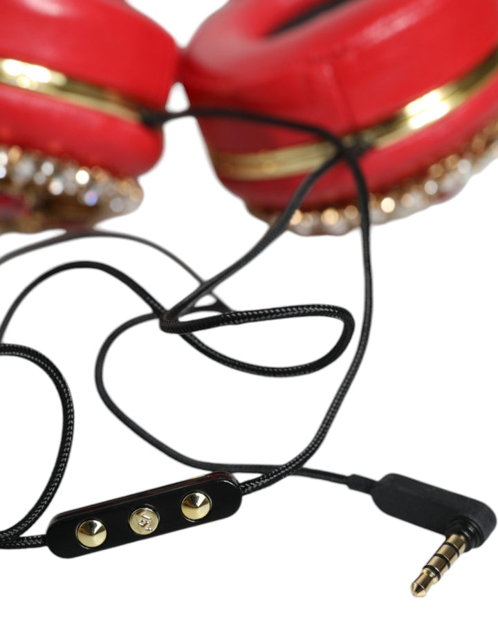 Auriculares Dolce &amp;amp; Gabbana de piel napa roja con cristales y diseño floral