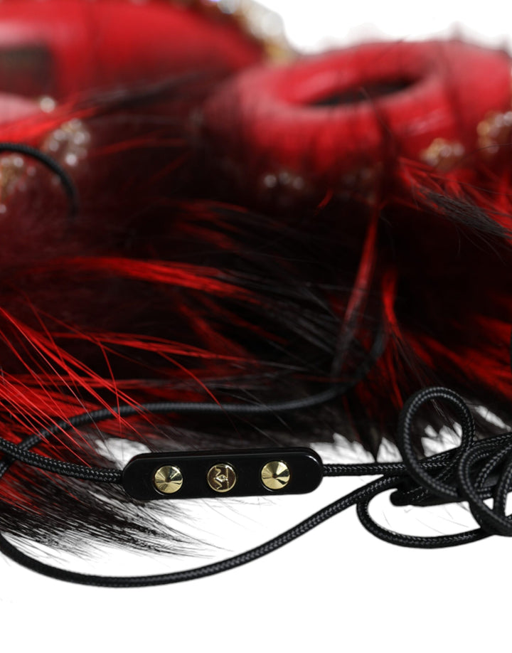 Dolce &amp; Gabbana Red Gold Crystal Fur Headset Audio AUX Headphones