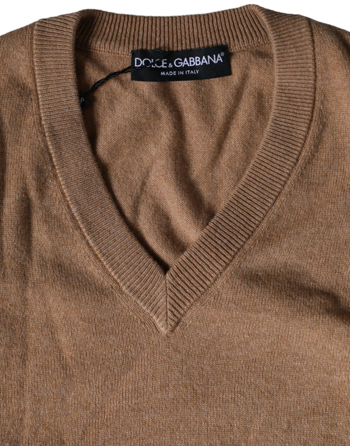 Dolce &amp; Gabbana Brown Cashmere Knit V-neck Pullover Sweater