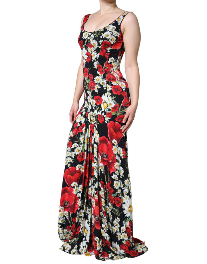 Dolce &amp; Gabbana Black Floral Silk Sleeveless Long Gown Dress