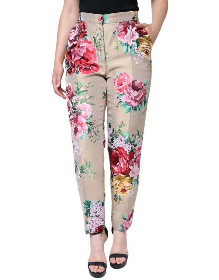 Pantalones cónicos de cintura alta con estampado floral en jacquard beige de Dolce &amp;amp; Gabbana