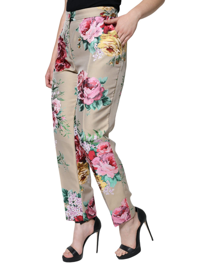 Pantalones cónicos de cintura alta con estampado floral en jacquard beige de Dolce &amp;amp; Gabbana