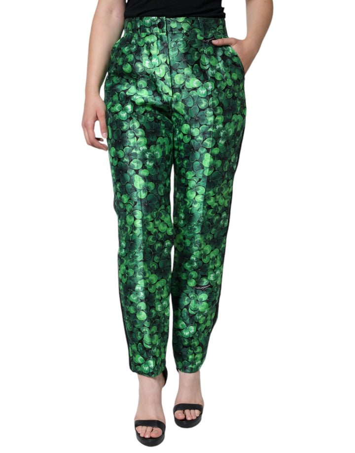 Pantalon fuselé taille haute en satin de soie Green Clover de Dolce &amp;amp; Gabbana